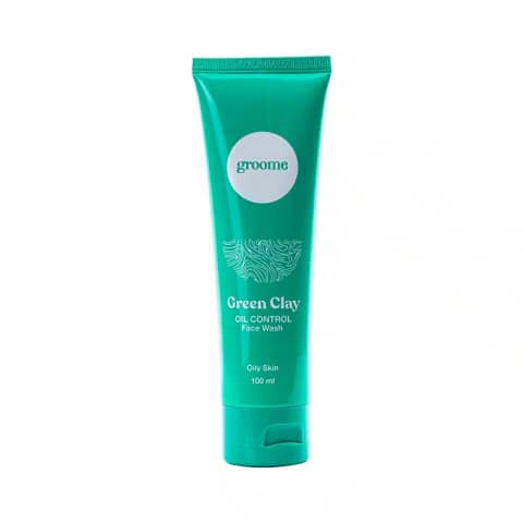 Groome Green Clay Oil Control Face Wash in an upright 100ml green tube with visible branding.