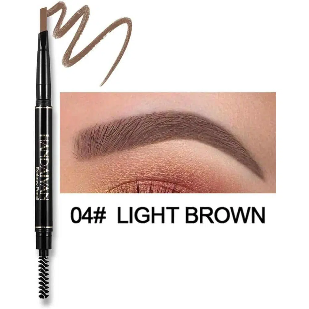 Handaiyan Double Eyebrow Pencil, brown tip and spoolie brush visible, angled on white background.