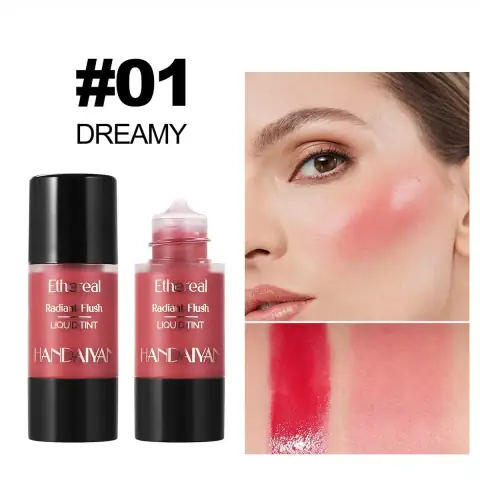 Handaiyan Ethereal Radiant Flush liquid tint in clear bottle, standing upright with a rose gold cap.