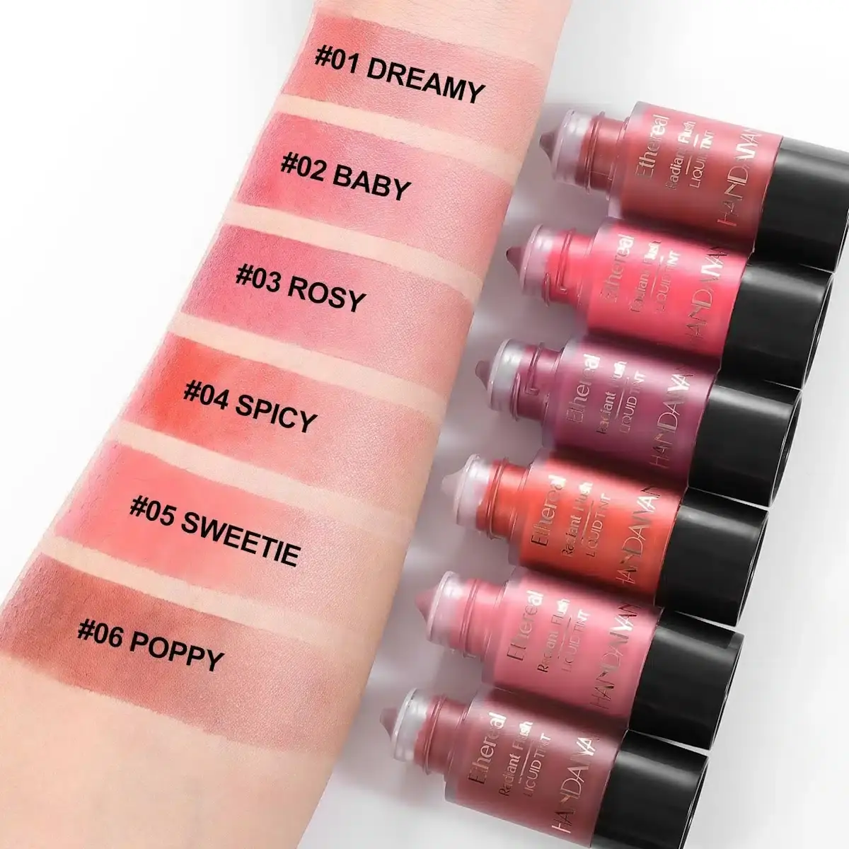 Close-up of Handaiyan Ethereal Radiant Flush Liquid Tint's doe-foot applicator, loaded with peachy-pink tint. - thumbnail