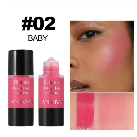 Handaiyan Ethereal Radiant Flush Liquid Tint 02 bottle, clear with white cap, showcasing peachy-nude fluid.