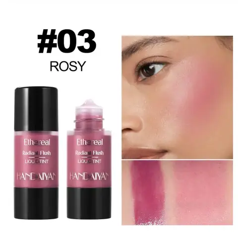 Handaiyan Ethereal Radiant Flush Liquid Tint 03 in clear bottle, peachy-pink shade, with white cap.