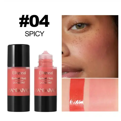 Handaiyan Ethereal Radiant Flush Liquid Tint 04 in clear packaging with a golden applicator and vibrant peachy tint.