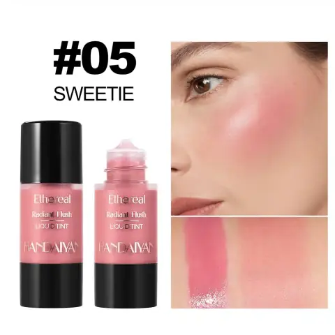 Handaiyan Ethereal Radiant Flush Liquid Tint 05 bottle, with applicator wand, displaying vibrant pink color.