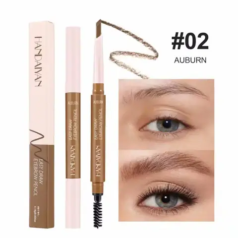 Handaiyan double-ended eyebrow pencil in Auburn 02, featuring spoolie brush and defined tip.
