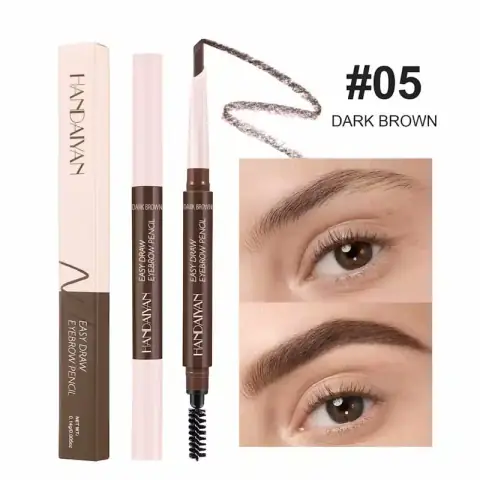 Two Handaiyan Dark Brown 05 eyebrow pencils, one upright displaying the dark tip and golden cap.