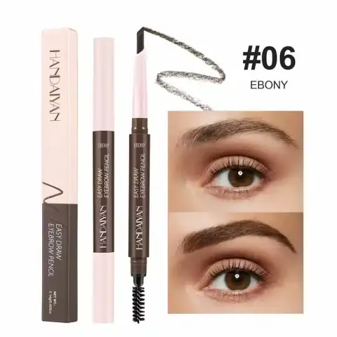 Three Handaiyan Ebony 06 eyebrow pencils aligned, showcasing dark brown barrels with golden tips.