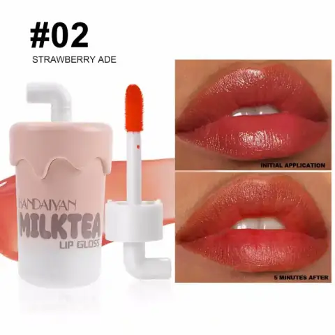 Handaiyan Mini Milk Tea Lip Gloss 02 standing upright, showcasing its clear tube and creamy beige shade.