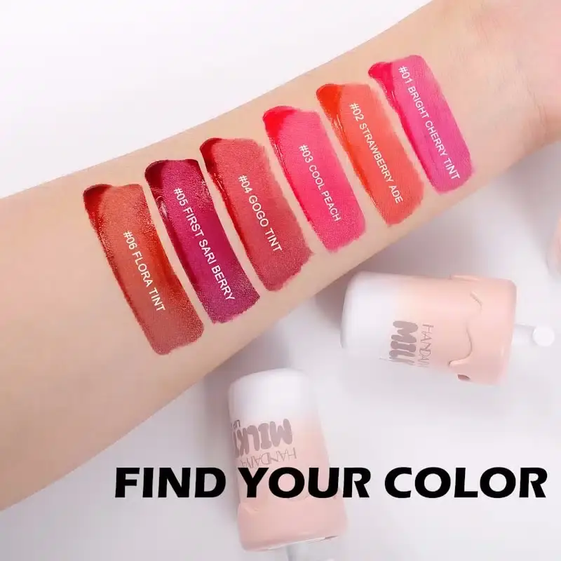 Two Handaiyan Milk Tea Lip Glosses, one revealing its doe-foot applicator with a beige tint. - thumbnail