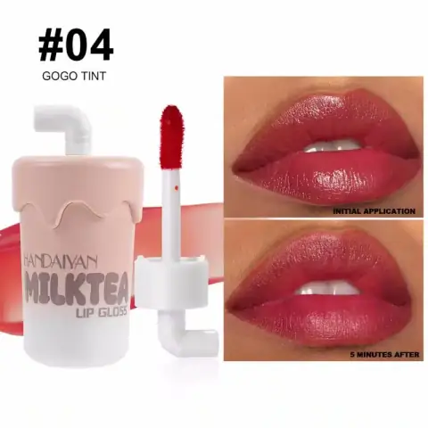 Handaiyan Mini Milk Tea 04 lip gloss with clear tube, white cap, and milk tea branding.