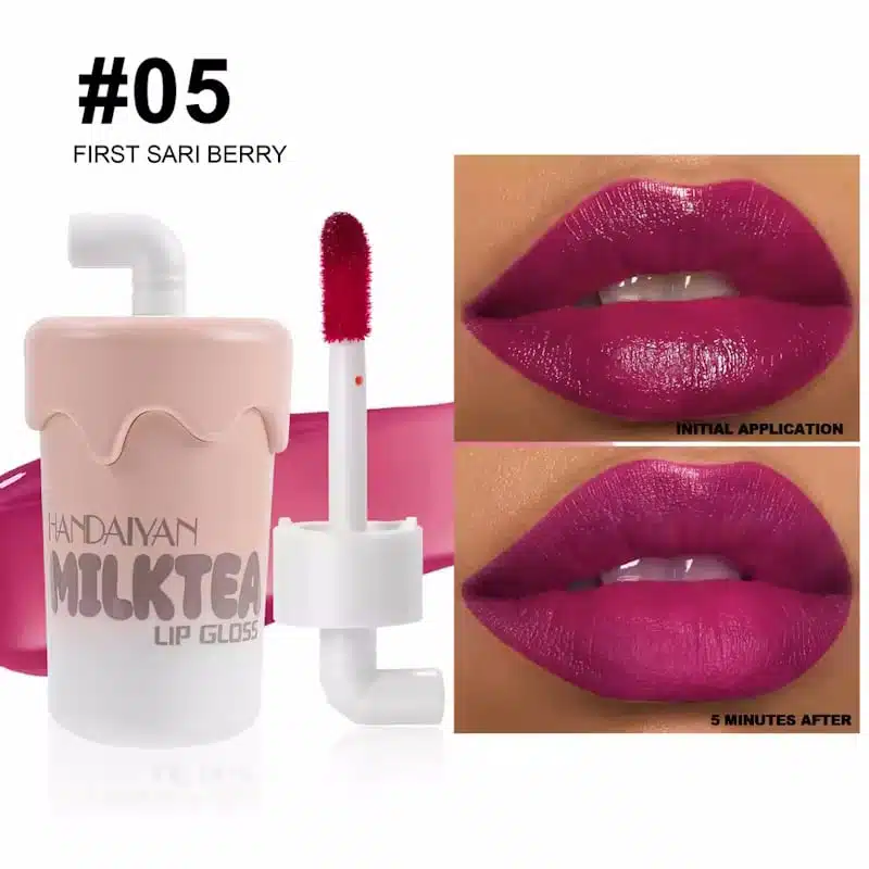 Handaiyan Mini Milk Tea lip gloss, clear tube with nude shade and beige cap, standing upright. - thumbnail