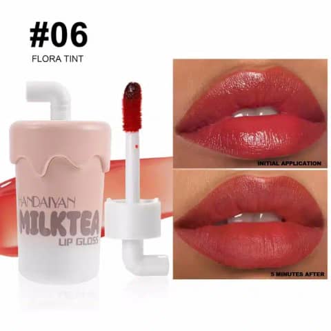 Handaiyan Mini Milk Tea 06 lip gloss tube, clear packaging, warm brown shade, white cap.