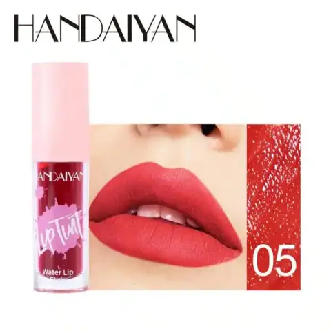 Handaiyan vibrant red lip tint lip gloss in a clear tube with a silver cap, standing upright.