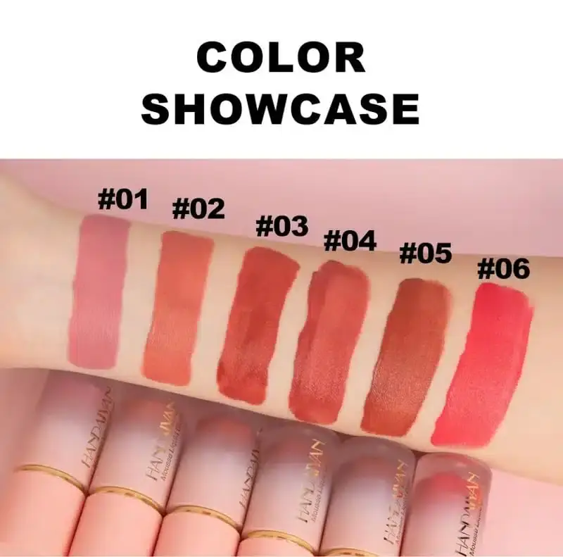 Handaiyan liquid blush tubes laid flat with swatches showing six different shades on skin. - thumbnail