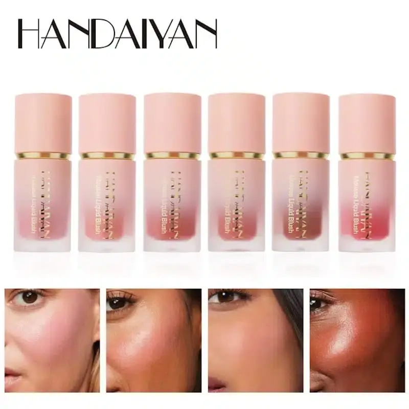 Handaiyan Liquid Blush "Love Cake 01" bottle displayed next to a swatch of its peachy-pink shade. - thumbnail