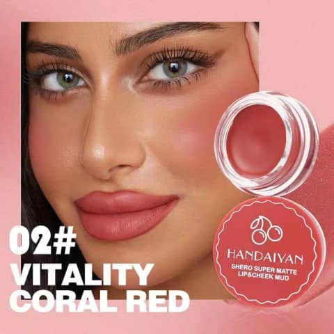 Handaiyan Matte Lip Cheek Mud 02 tube, applicator, and creamy rosy nude swatch.