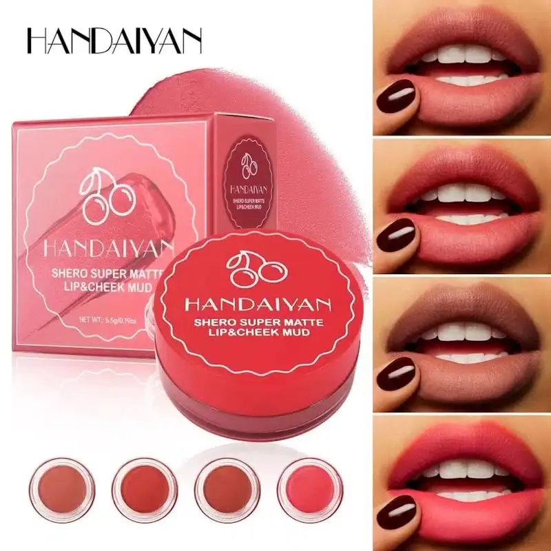 Hand holding open Handaiyan Matte Lip Cheek Mud 04, revealing its soft applicator and nude texture. - thumbnail