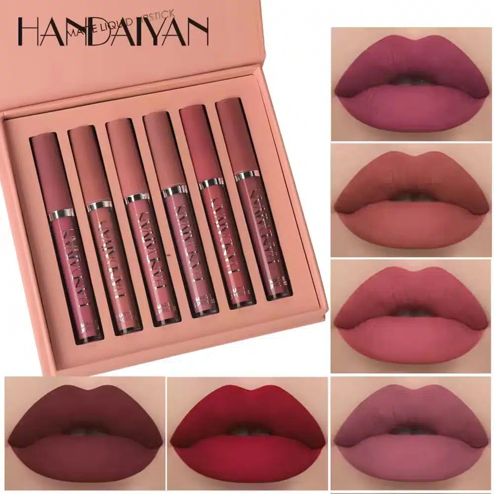Handaiyan matte liquid lipstick 6-piece set, tubes showcasing diverse nude-brown shades vertically arranged. - thumbnail