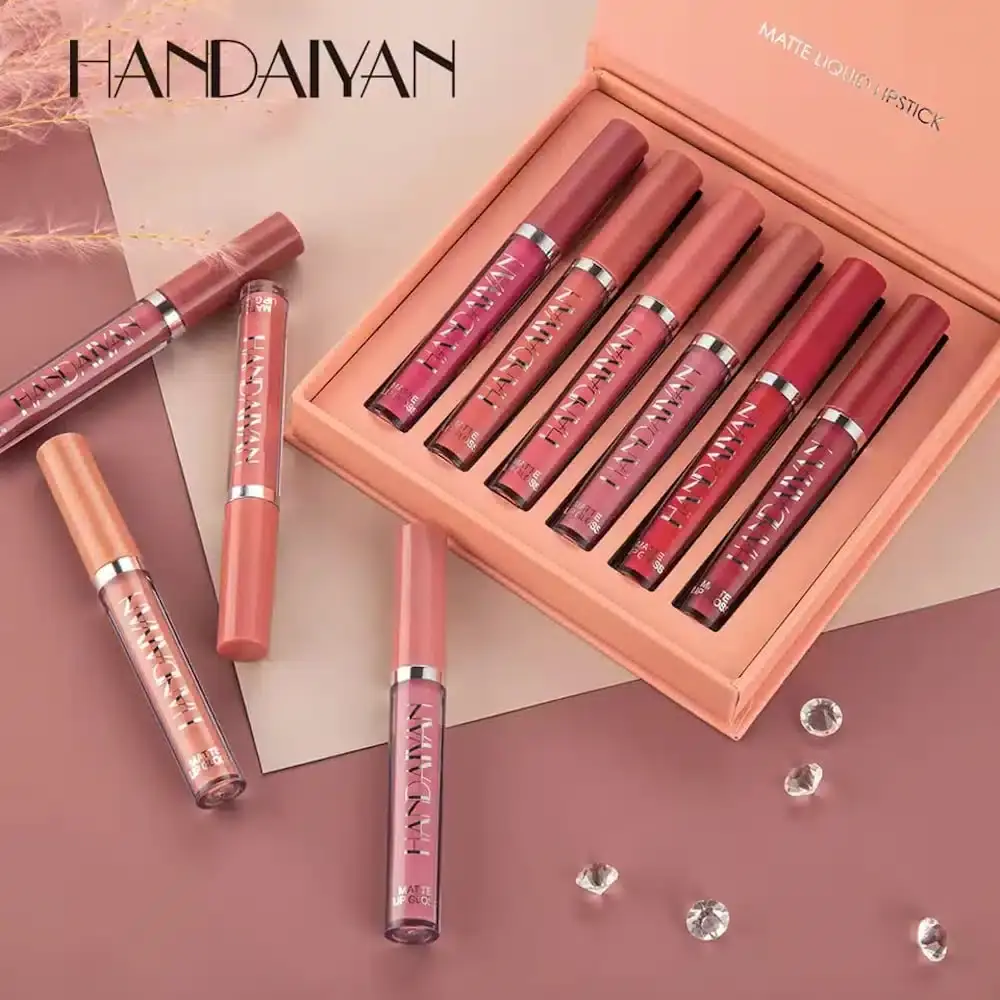 Handaiyan matte liquid lipstick swatches on skin, displaying 6 distinct nude-brown shades. - thumbnail