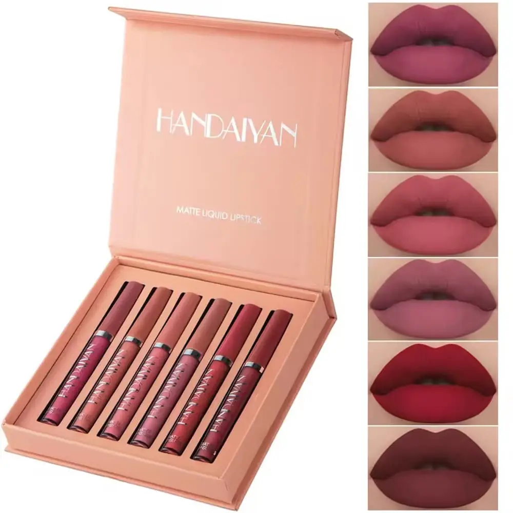 Handaiyan 6-piece matte liquid lipstick set laid out, showing individual tubes and branding. - thumbnail
