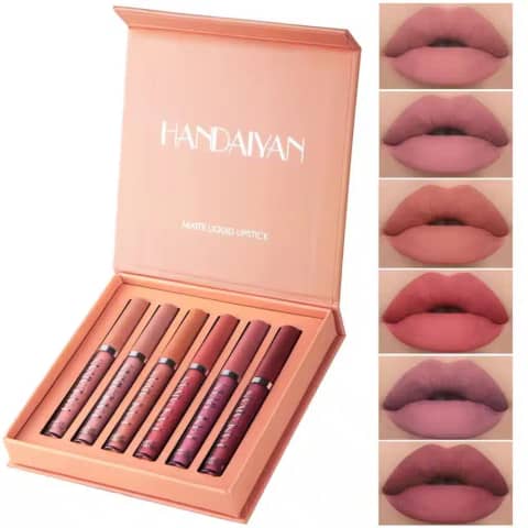 Handaiyan matte liquid lipstick 6-piece set, displaying all vibrant shades in sleek black tubes.