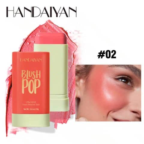 Handaiyan Stick Blush Lip&Cheek POP 02, peachy-pink tube, cap on, standing upright.