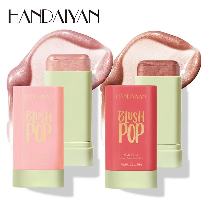 Handaiyan Stick Blush POP 03 swatched on fingertips, showcasing the soft coral pink color. - thumbnail