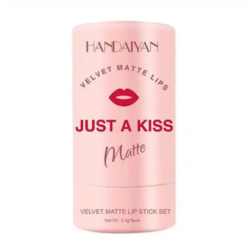 Handaiyan Velvet Matte Lipstick 8 Pcs 'Just a Kiss' Set in open white box. - thumbnail