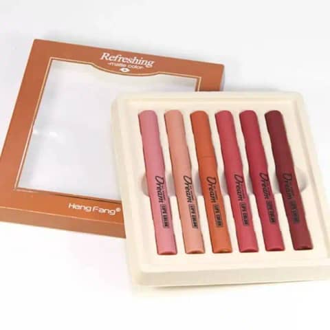 Heng Fang Refreshing Matte Lipstick 6pc set clearly displayed in plastic box with metallic tubes.