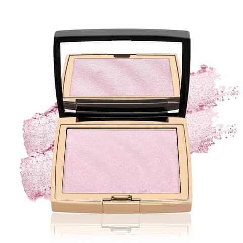 Hojo Luminous Highlighter 01 in its elegant closed gold square compact, top-down view.