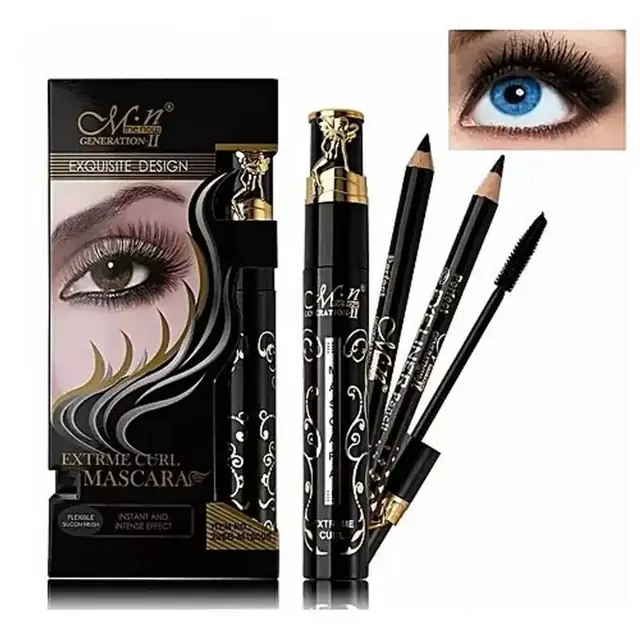 Menow Extreme Curl Mascara, black tube, displayed with two black eyeliner pencils on white background.