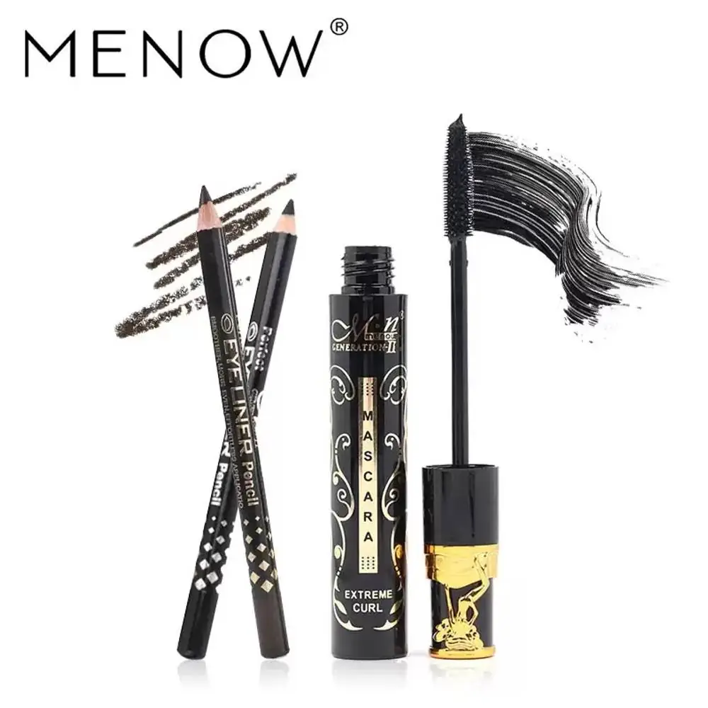 Close-up of Menow Extreme Curl Mascara tube, black with silver branding, showing product details. - thumbnail