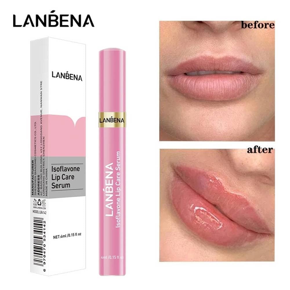 Lanbena Isoflavone Lip Care Serum in a sleek light pink tube with a golden cap. - thumbnail