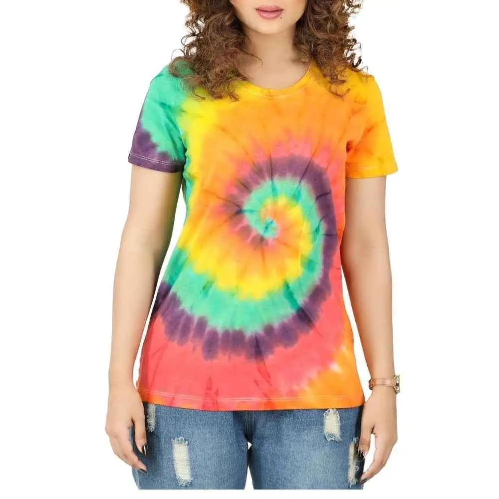 Close-up of the soft RuSu tie-dye t-shirt fabric, showing colorful pastel swirls and texture. - thumbnail