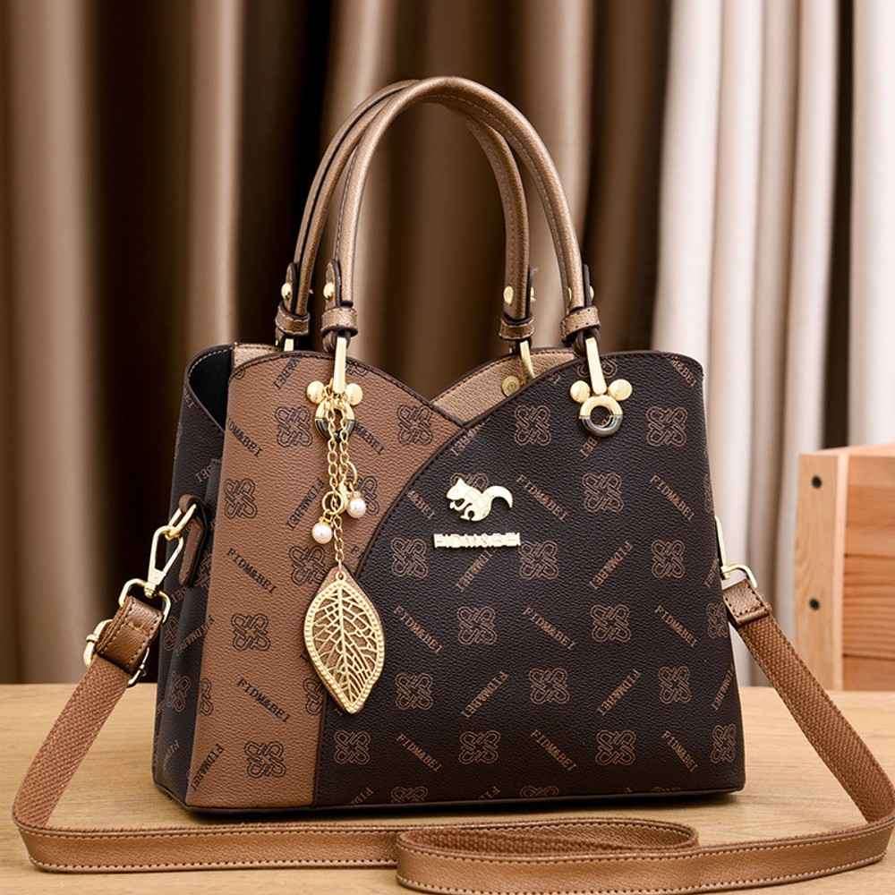 RuSu luxury big women's structured dark brown handbag with gold clasp, top handle, and shoulder strap. - thumbnail