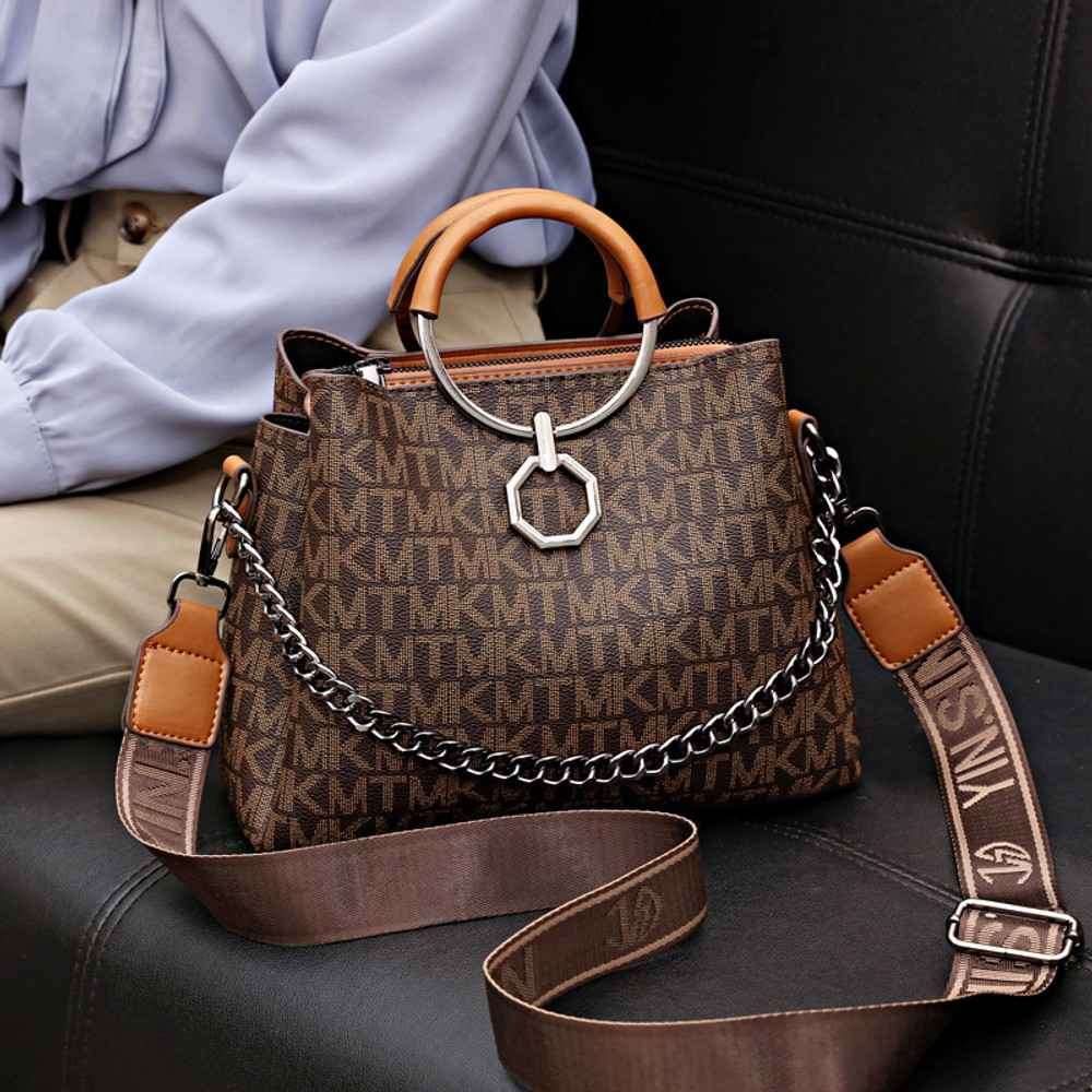 RuSu Luxury Portable Women Bag in khaki with elegant top handle and crossbody strap. - thumbnail