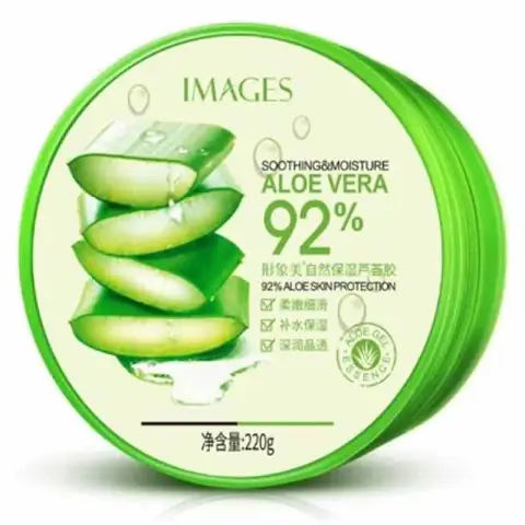 Clear green Images Aloe Vera 92% Soothing Gel 220g jar with a white cap, angled.