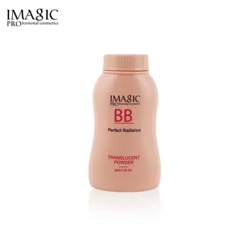 Imagic BB Powder Perfect Radiance Translucent 50g compact, black lid, and puff applicator.