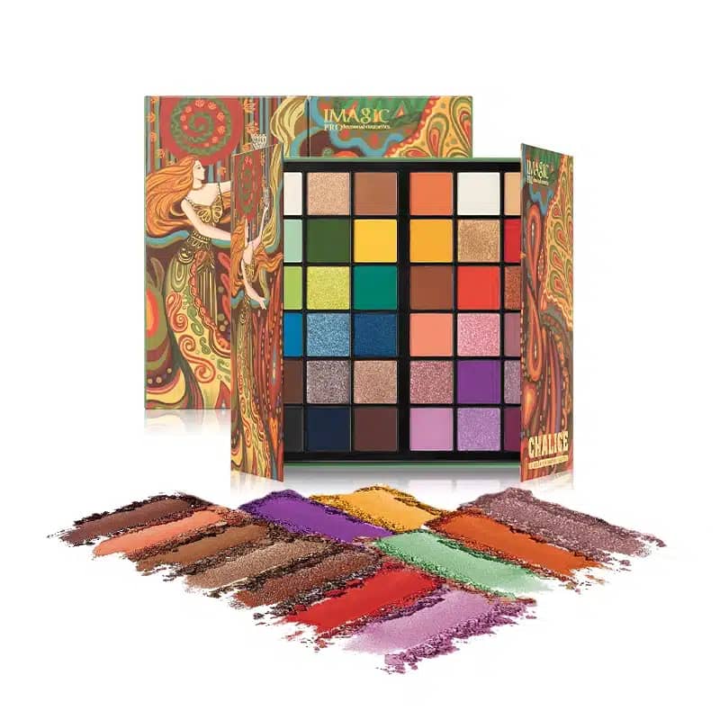Imagic Chalice 36-color eyeshadow palette open, revealing a vibrant array of matte and shimmer shades. - thumbnail