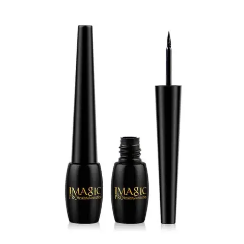 Imagic Dip Eyeliner Waterproof, black liquid in a clear glass bottle with applicator visible.