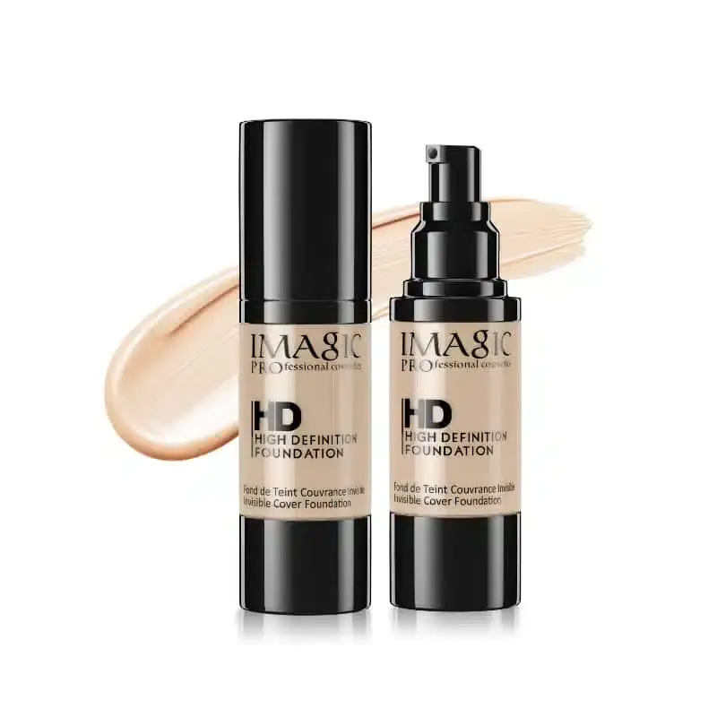Imagic HD Foundation Natural Tan 22 swatched smoothly on skin, next to bottle. - thumbnail