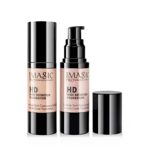 Imagic HD Liquid Foundation in a clear glass bottle with black pump and cap, front view.