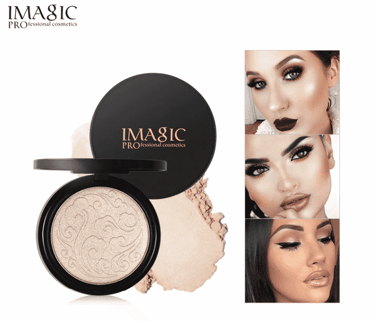 Open Imagic Illumination & Highlighter Powder in a round black compact, showing radiant champagne powder.