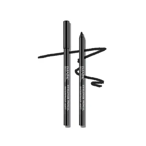 Imagic Waterproof Long Lasting Kajal pencil, black with gold branding, showing a sharpened tip.