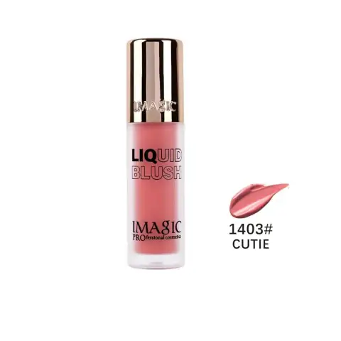 Imagic Liquid Blush Cutie 1403, a clear glass tube with golden cap showcasing peachy pink color.