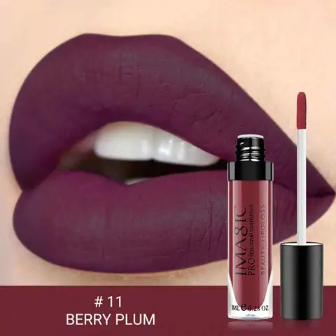 Imagic Liquid Matte lipstick shade 11 standing upright, featuring sleek black and gold packaging.