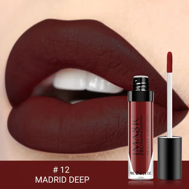 Imagic Liquid Matte lipstick tube in shade 12, sleek black packaging with visible deep reddish-brown color.