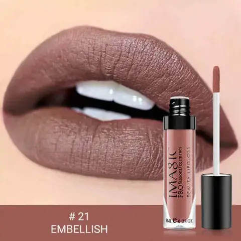 Imagic Liquid Matte lipstick in shade 21, clear tube with dark reddish-brown liquid and black cap, standing upright.