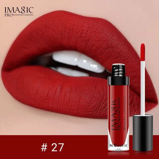 Imagic Liquid Matte lipstick shade 27, elegant tube with applicator, showing its rose nude color.