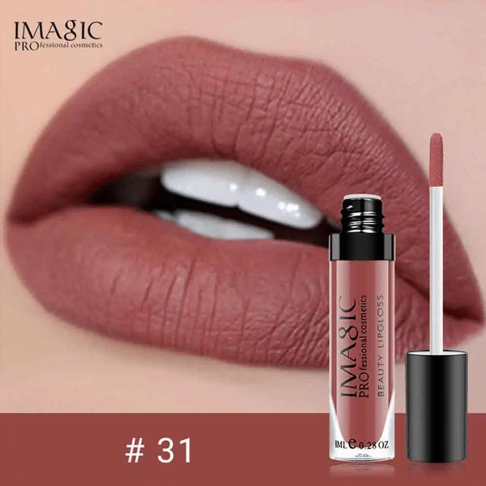 Imagic Liquid Matte lipstick 31 in sleek black tube with elegant gold branding, standing upright.